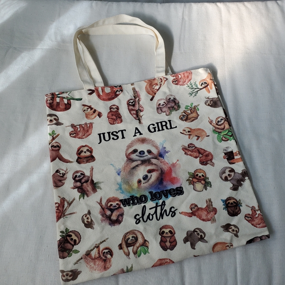 Just a Girl Who Loves Sloths Print Canvas Tote Bag 14.5" X 15 Like New